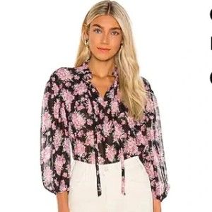 LOVESHACKFANCY Black Rose Gamela Tie Neck Peasant Silk Blouse Top Long Slv Sz L